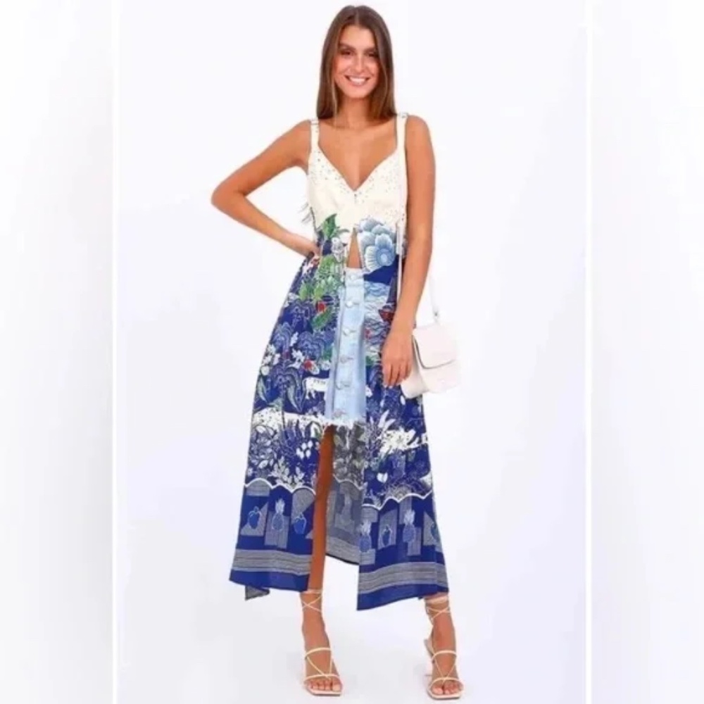 FARM Rio Blue and White Midi Dress